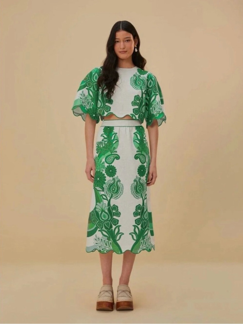 FARM Rio Green & White Floral Midi Festival Skirt
